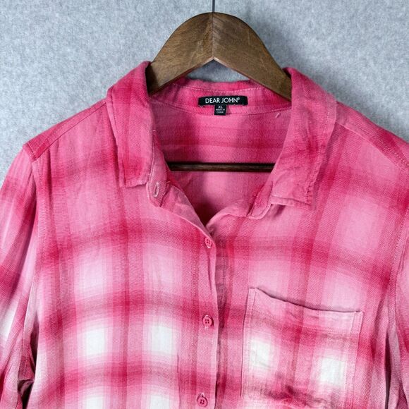 Dear John Plaid Womens Sz XL Red Ombre Button Shirt Roll Tab Cowgirl Flannel - Picture 3 of 10